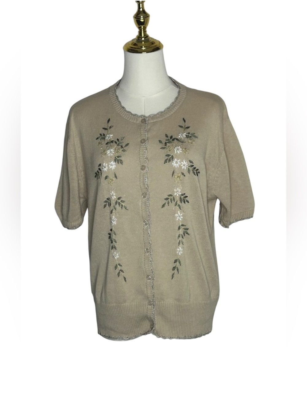 Kathie Lee Collection Grannycore Floral Embroidered Short-Sleeve Cardigan Sz L